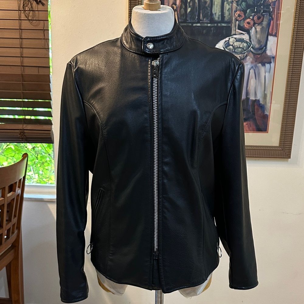 BROOKS LEATHER Black Leather Jacket w/ Silver Hardware & Pink Harley Patch SZ 12